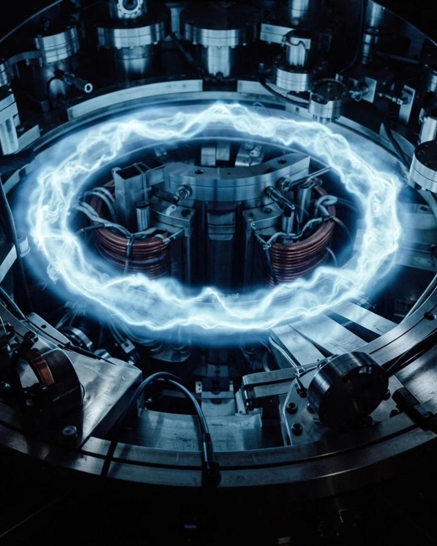 Ring of pale blue plasma inside a polished steel reactor vessel