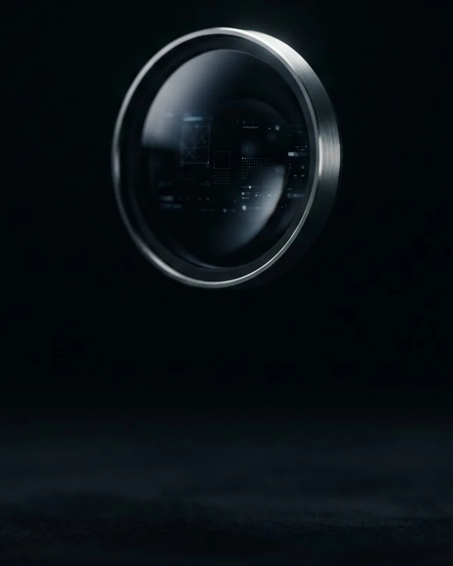 Minimal frameless glass lens device floating in darkness