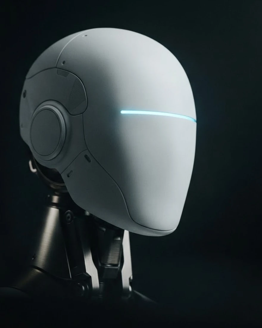Matte white humanoid robot head in profile