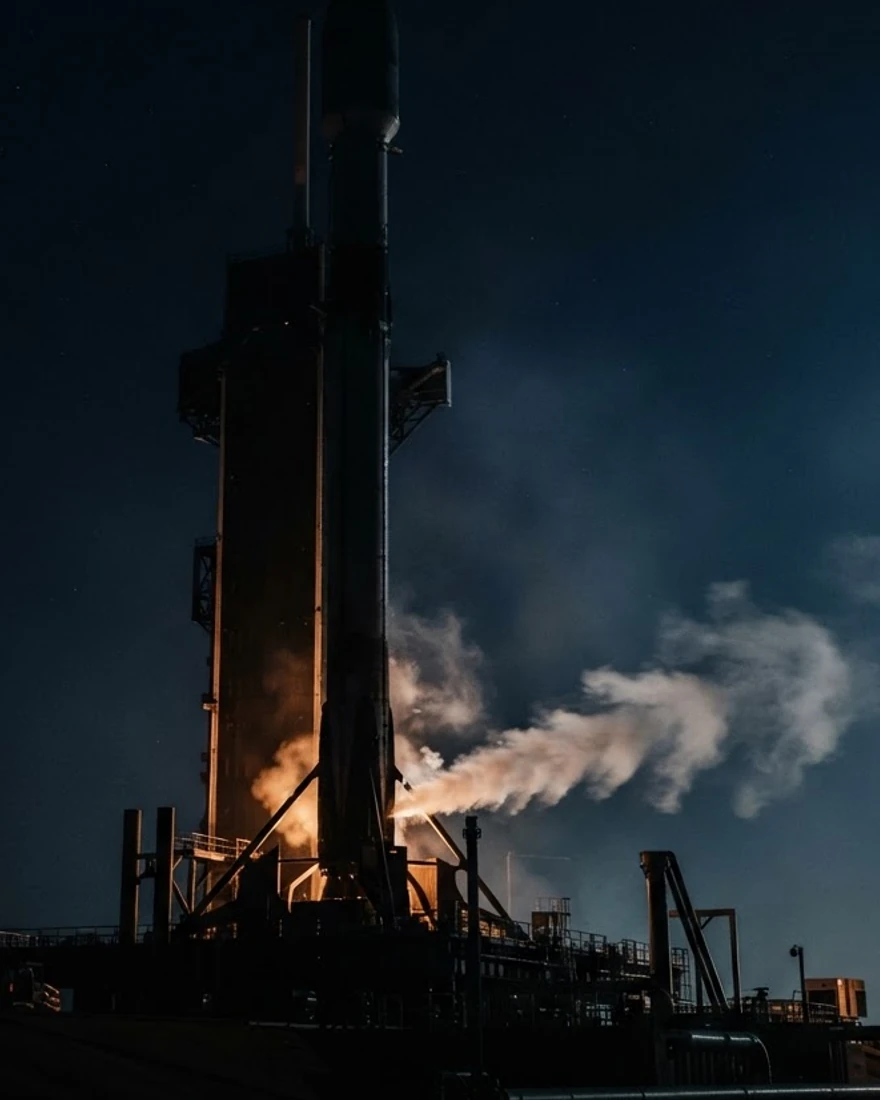 Orbital-class rocket silhouetted on a launch pad at night