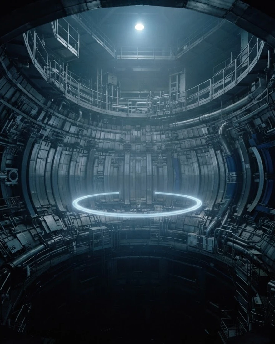 Interior of a fusion reactor chamber with a faint plasma ring